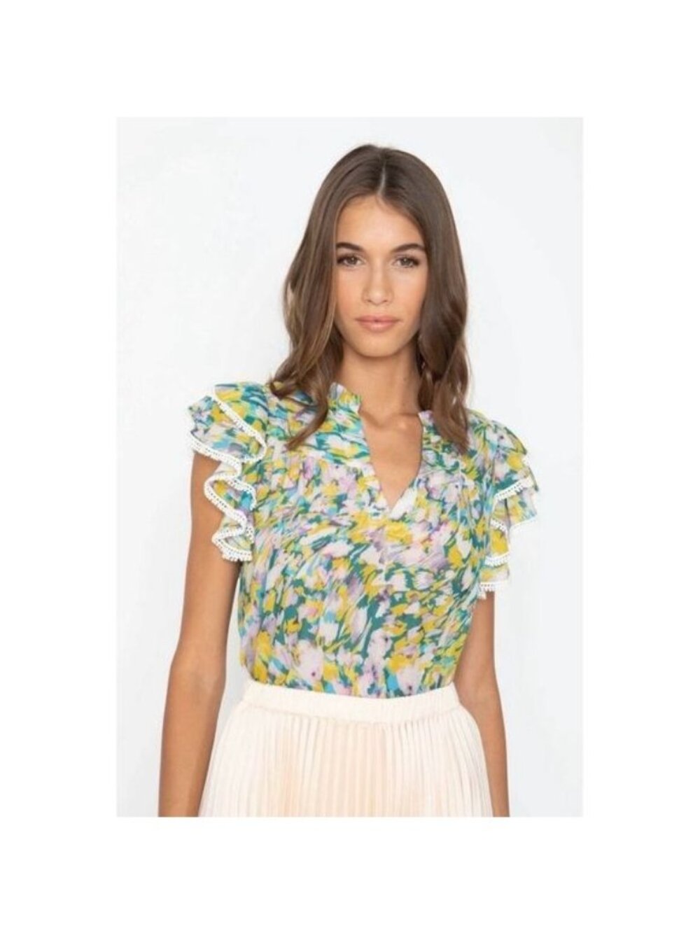Caballero Mea Top Feather Stroker v neck ruffle sleeves blouse Small